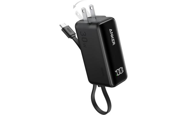 Anker Power Bank USB C Charger Block, 3-in-1 5,000mAh Portable Charger with Built-in USB-C Cable and Foldable AC Plug, 30W Max Compact Battery Pack, for iPhone 15 Series, Galaxy, MacBook, and More - Black